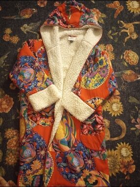 Anthropologie Cream Sherpa-Lined Jacket with Red Floral Trim